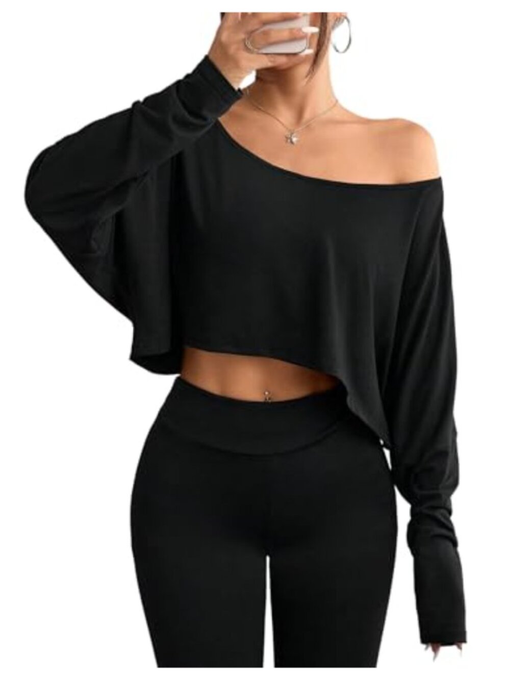 Off Shoulder Boat Neck Batwing Long Sleeve Crop Top Relaxed Fit Asymmetrical Hem